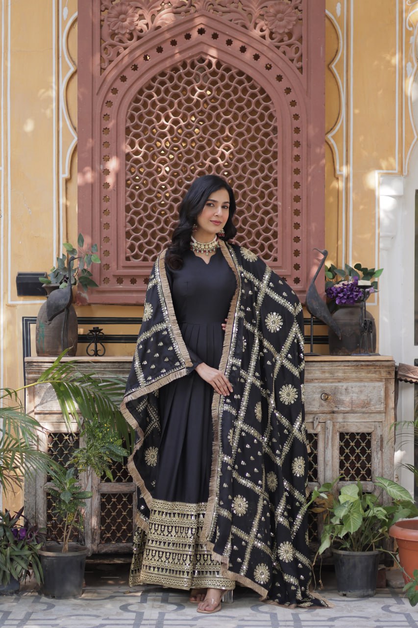 Black Premium Designer Ready-to-Wear Gown with Dupatta – Embroidery Zari Sequins Work
