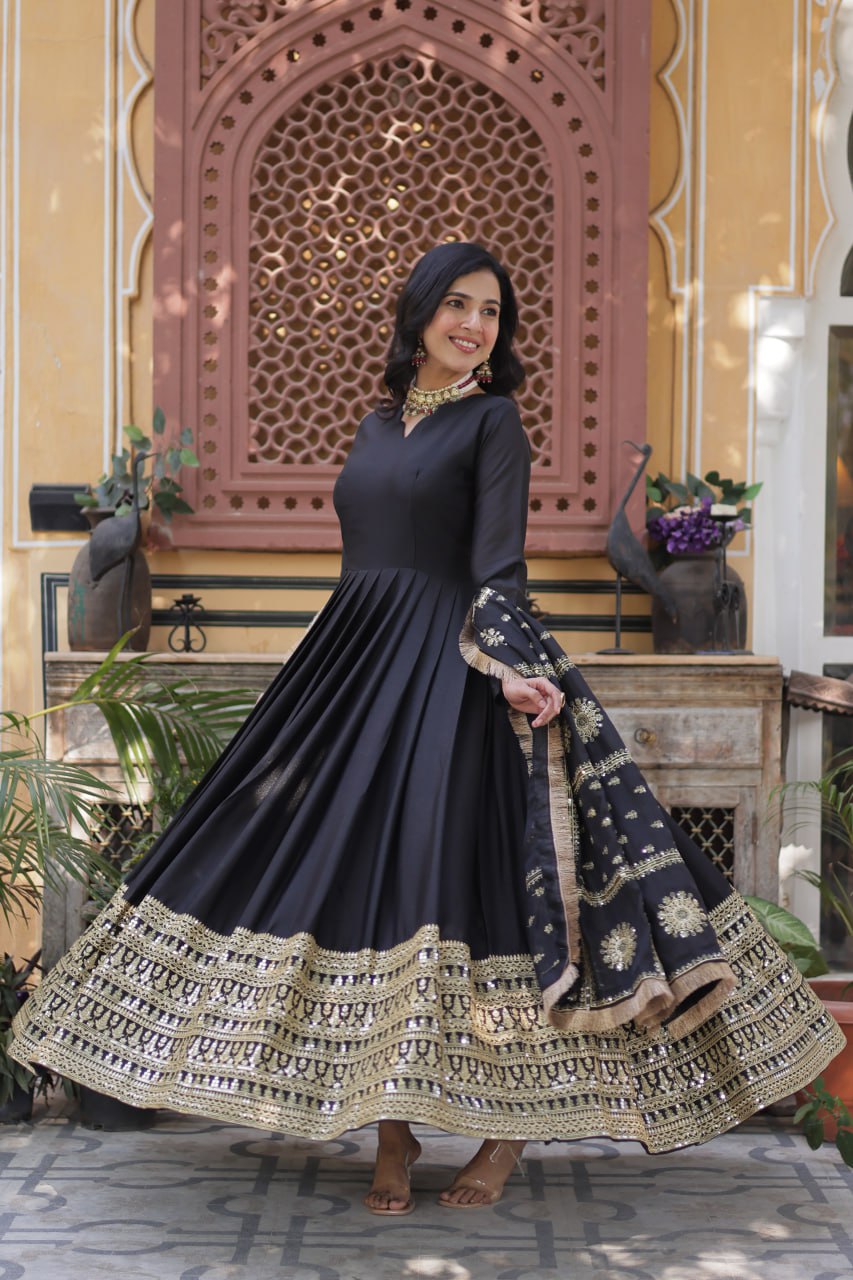 Black Premium Designer Ready-to-Wear Gown with Dupatta – Embroidery Zari Sequins Work