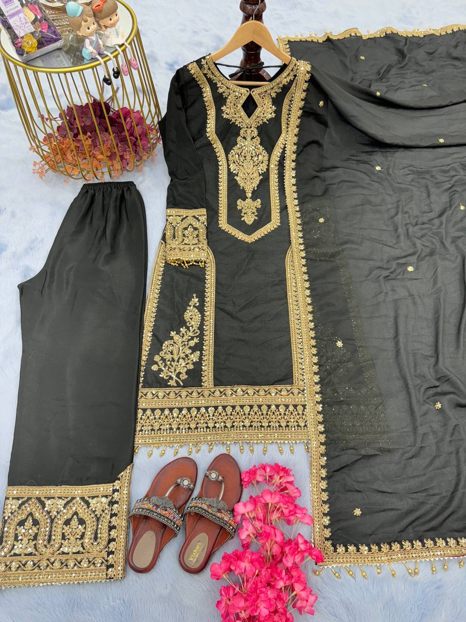 Black Premium Designer Readymade Chinon Silk Top, Plazzo & Dupatta Set – Party Wear Elegance