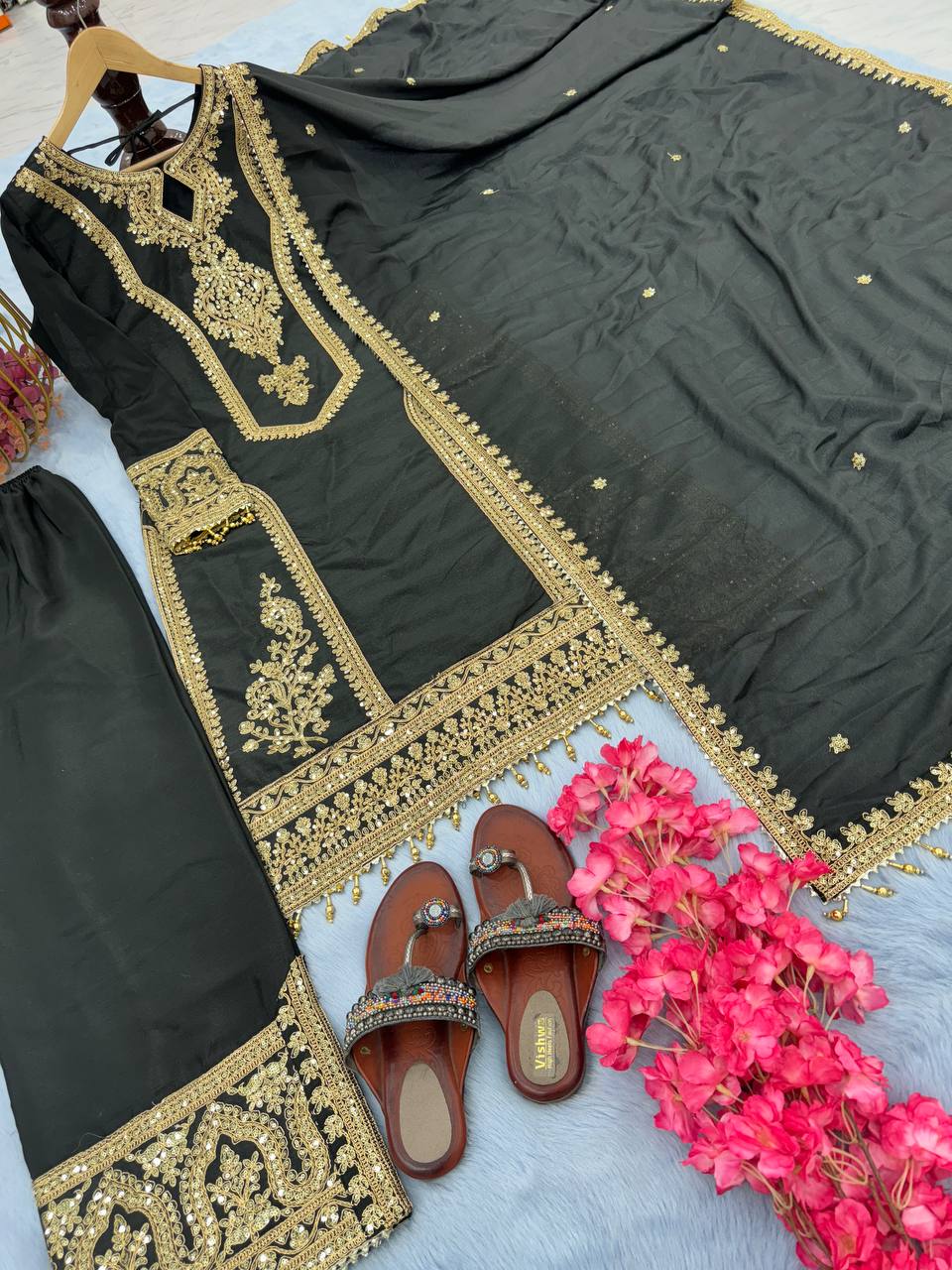 Black Premium Designer Readymade Chinon Silk Top, Plazzo & Dupatta Set – Party Wear Elegance