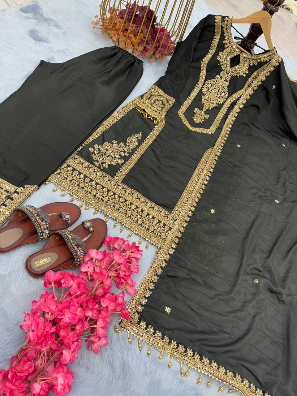 Black Premium Designer Readymade Chinon Silk Top, Plazzo & Dupatta Set – Party Wear Elegance
