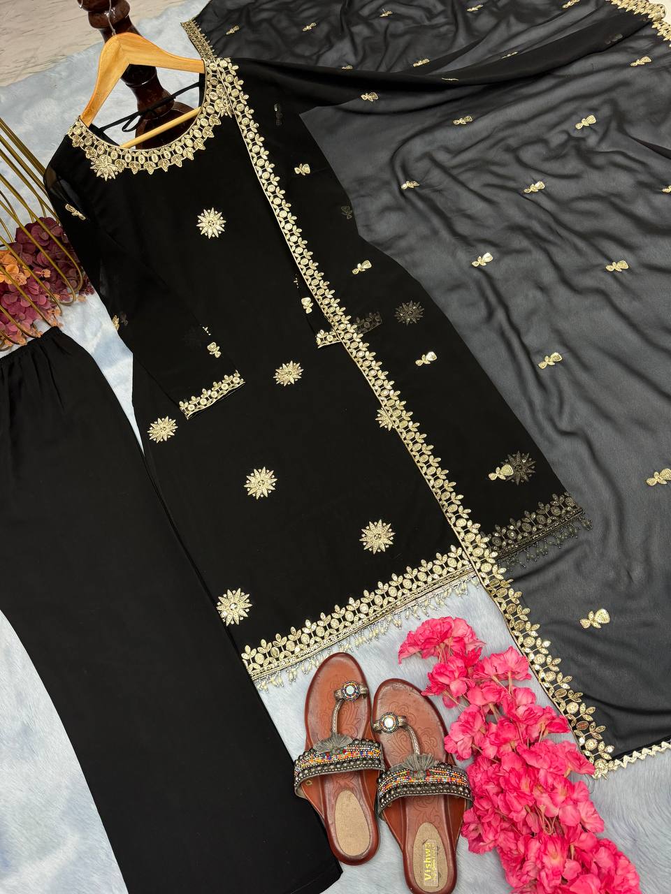 Black Premium Designer Readymade Faux Georgette Top, Plazzo & Dupatta Set – Party Wear Elegance