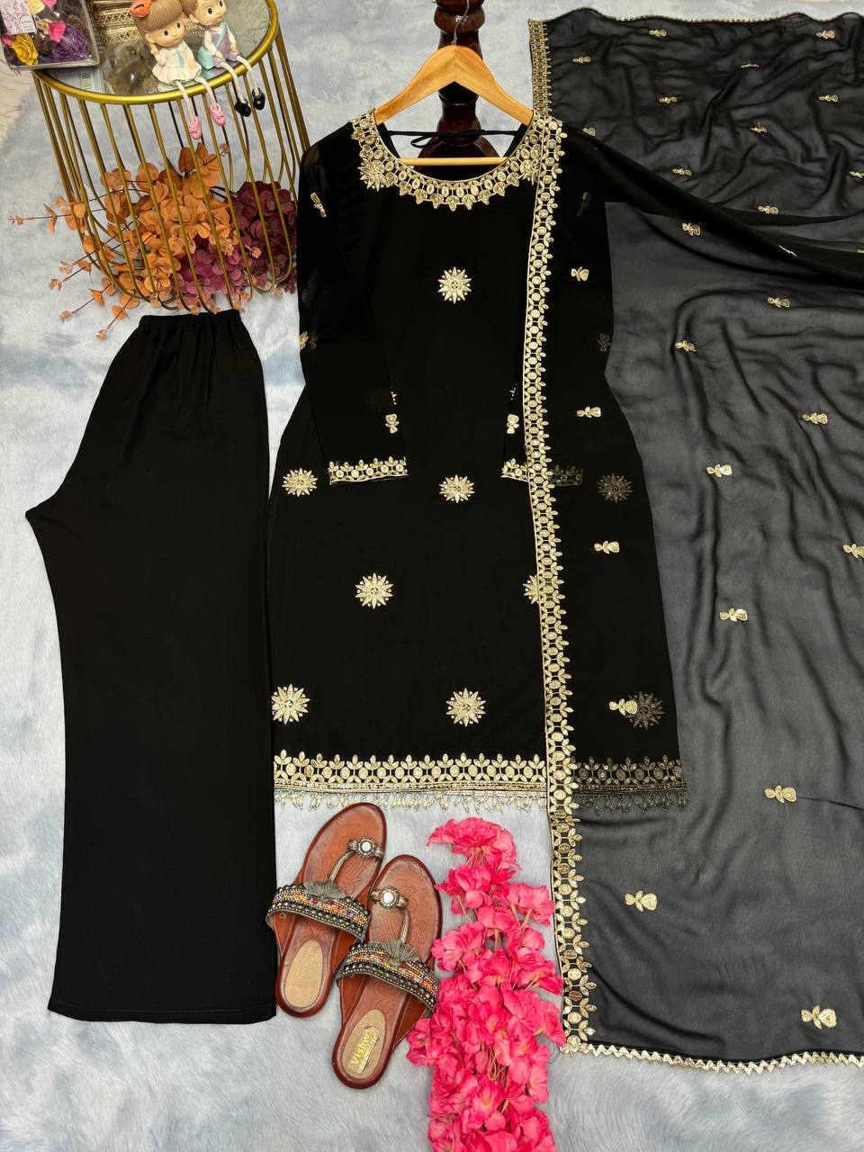 Black Premium Designer Readymade Faux Georgette Top, Plazzo & Dupatta Set – Party Wear Elegance