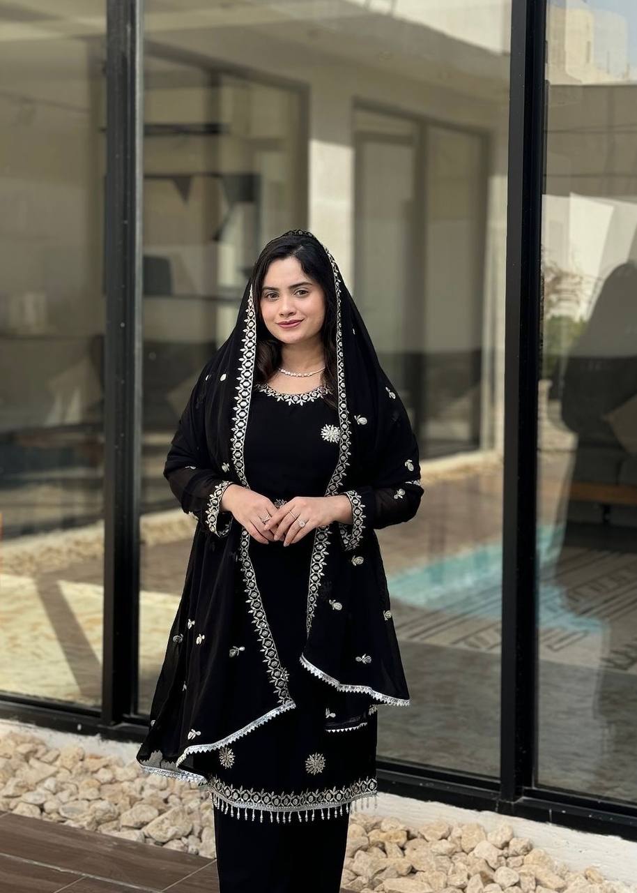 Black Premium Designer Readymade Faux Georgette Top, Plazzo & Dupatta Set – Party Wear Elegance