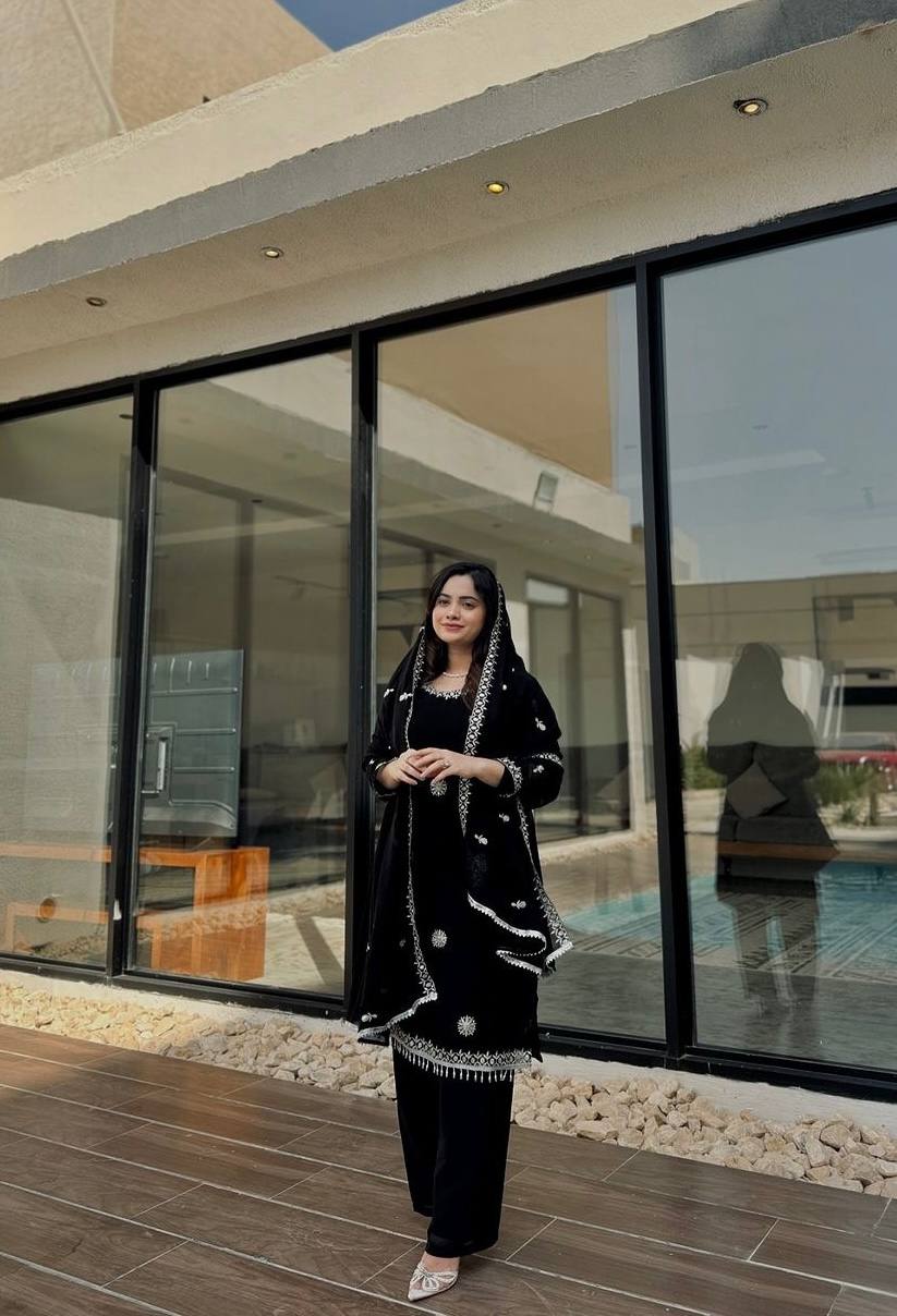 Black Premium Designer Readymade Faux Georgette Top, Plazzo & Dupatta Set – Party Wear Elegance