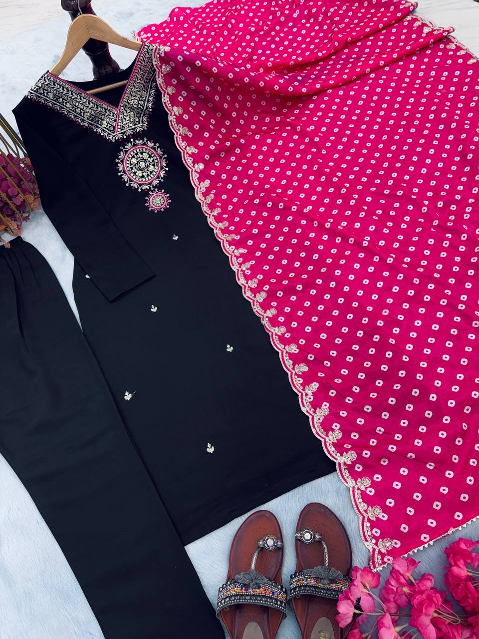 Black Premium Designer Readymade Top, Bottom & Dupatta Set