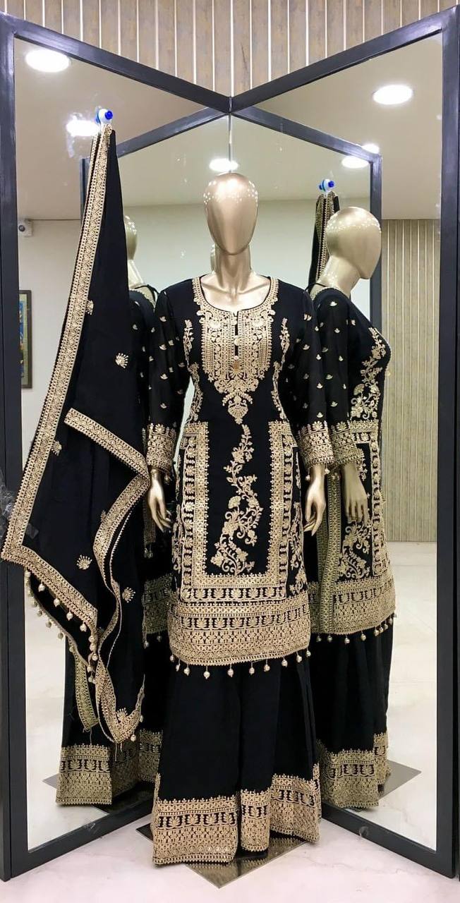 Black Premium Designer Readymade Top, Palazzo & Dupatta Set –Party Wear