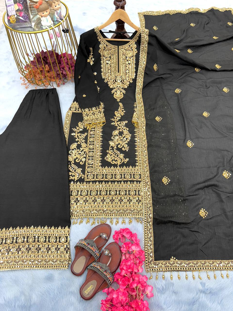 Black Premium Designer Readymade Top, Palazzo & Dupatta Set –Party Wear