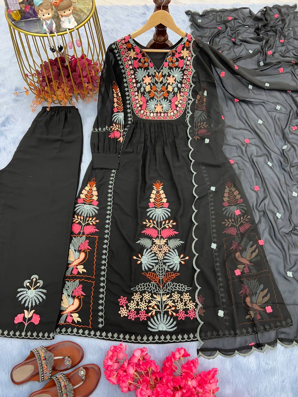 Black Premium Designer Readymade Top, Palazzo & Dupatta Set