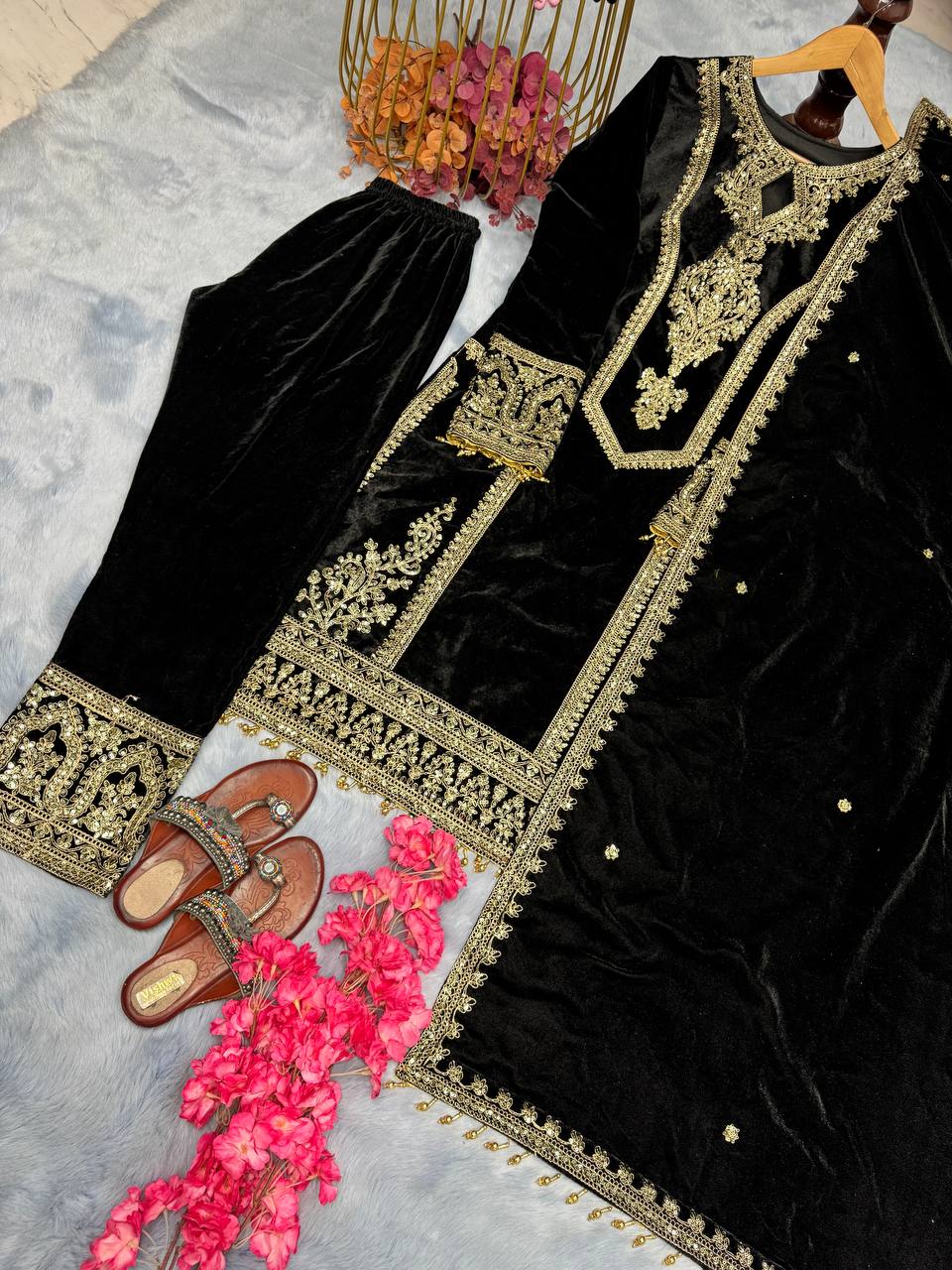 Black Premium Designer Readymade Viscose Velvet Top, Plazzo & Dupatta Set – Party Wear Elegance