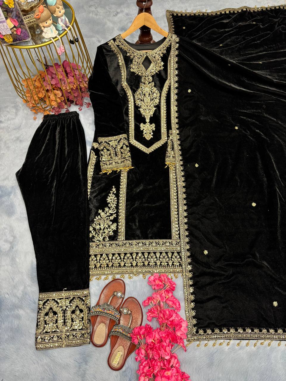 Black Premium Designer Readymade Viscose Velvet Top, Plazzo & Dupatta Set – Party Wear Elegance