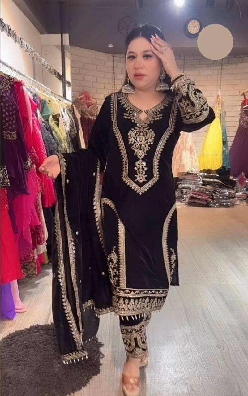 Black Premium Designer Readymade Viscose Velvet Top, Plazzo & Dupatta Set – Party Wear Elegance