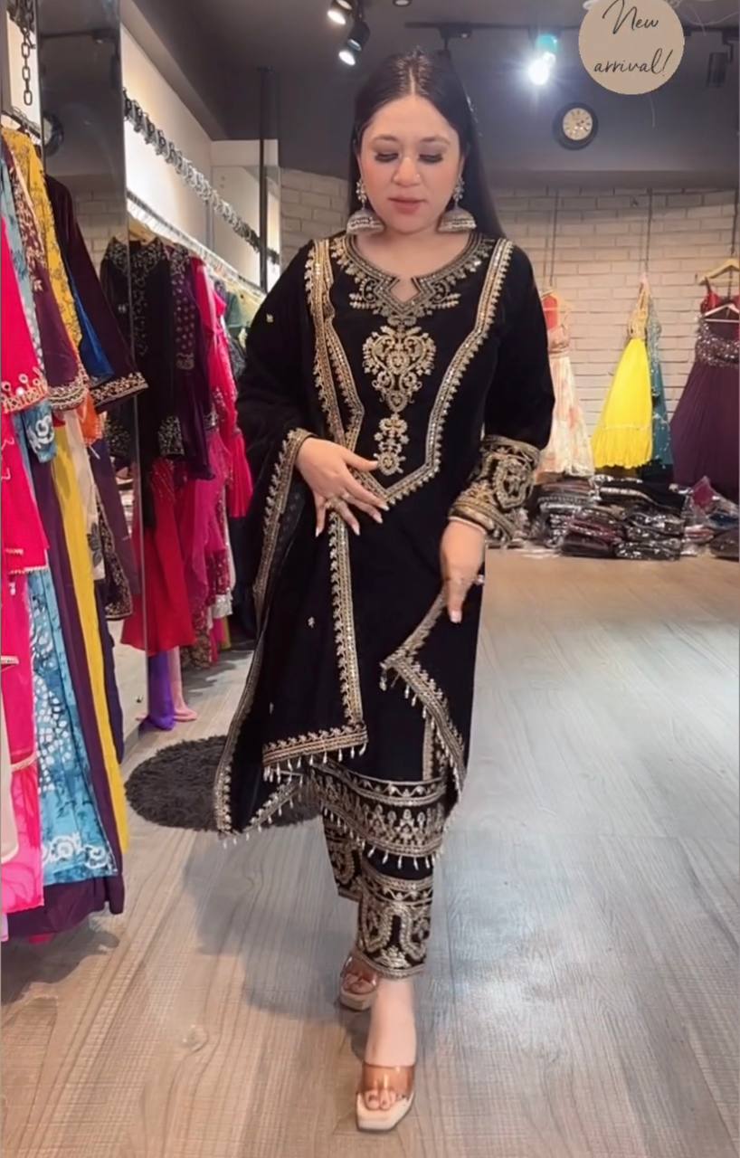 Black Premium Designer Readymade Viscose Velvet Top, Plazzo & Dupatta Set – Party Wear Elegance