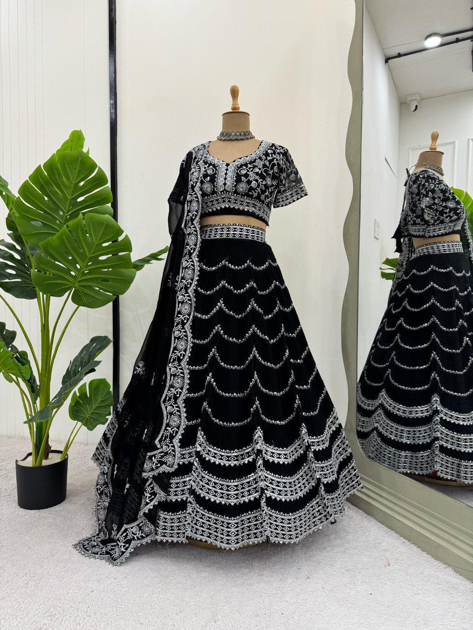 Black Premium Fox Georgette Lehenga Set with Flair & Full Sequin Embroidery