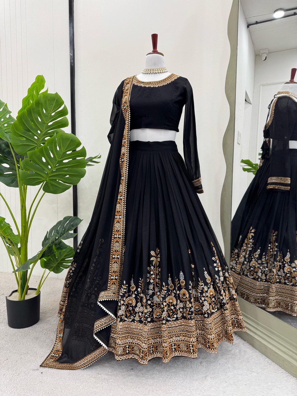 Black Premium Fox Georgette Semi-Stitched Lehenga Set with Sequins & Dual-Side Embroidered Blouse