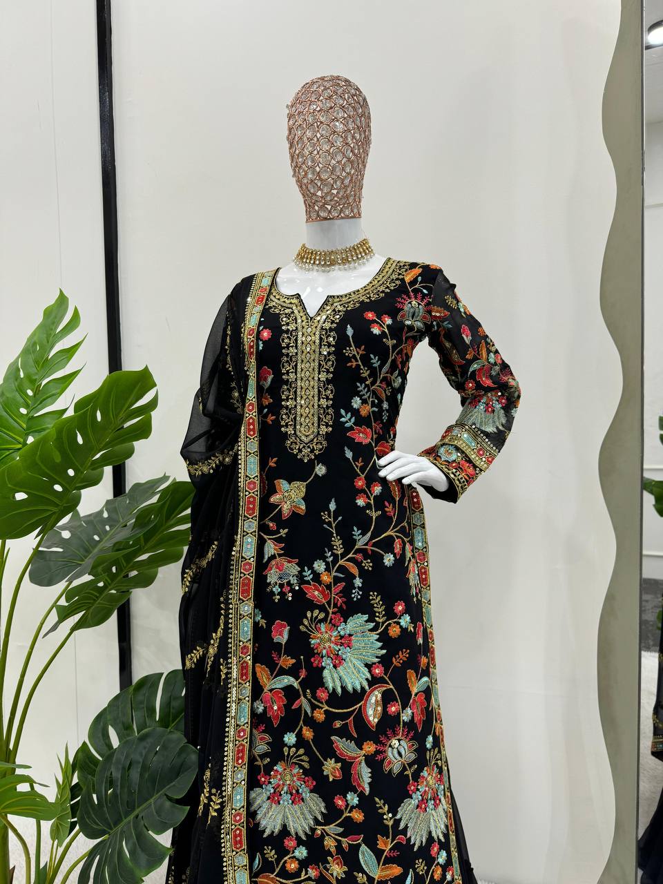 Black Premium Fox Georgette Sharara Set with Dori, Thread & Sequin Work