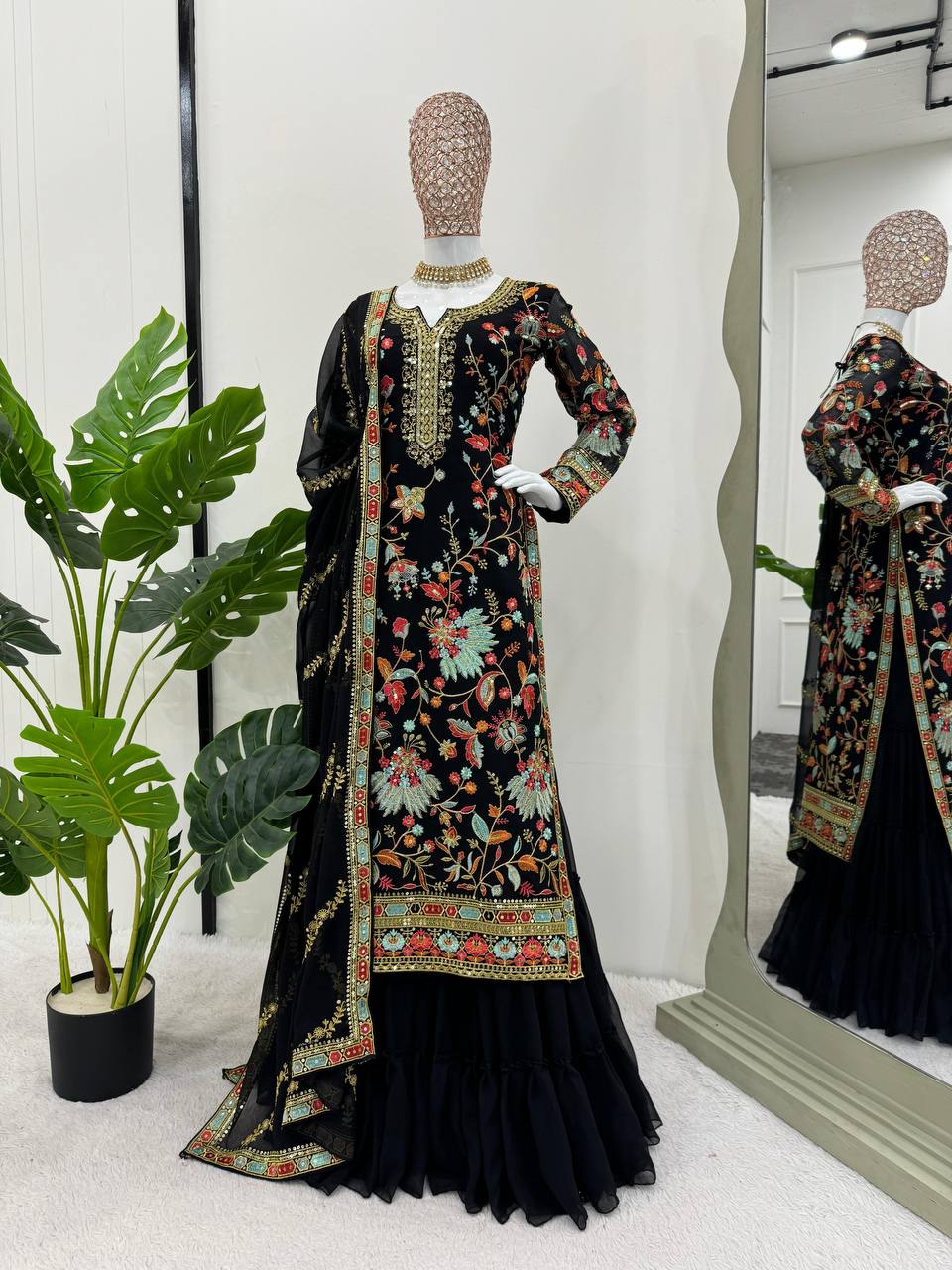 Black Premium Fox Georgette Sharara Set with Dori, Thread & Sequin Work