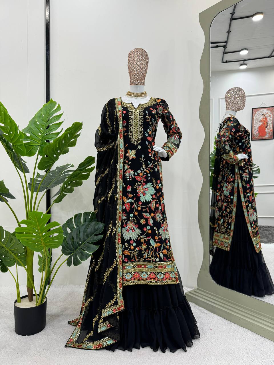 Black Premium Fox Georgette Sharara Set with Dori, Thread & Sequin Work
