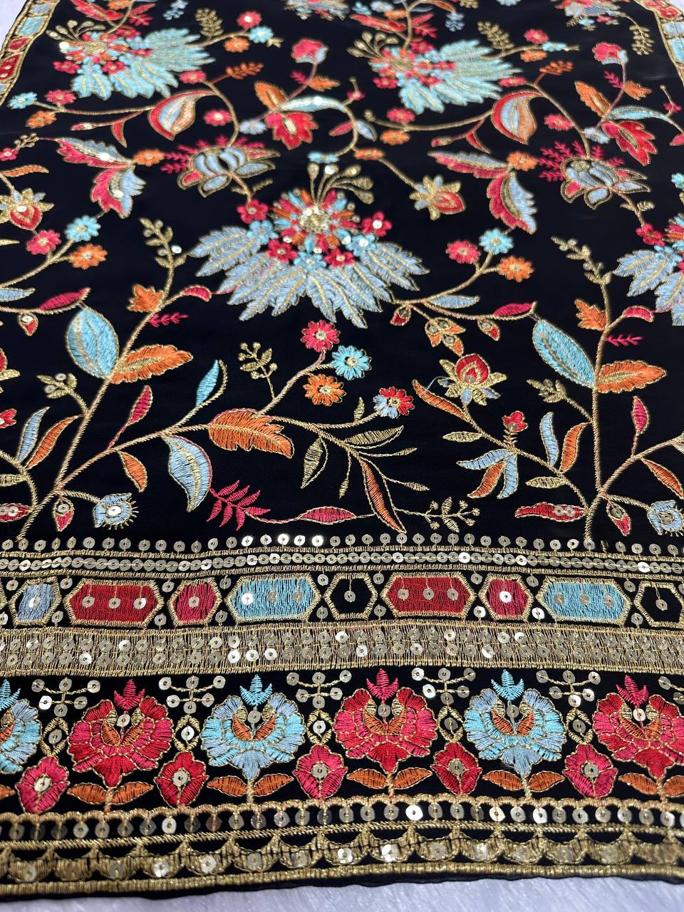 Black Premium Fox Georgette Sharara Set with Dori, Thread & Sequin Work