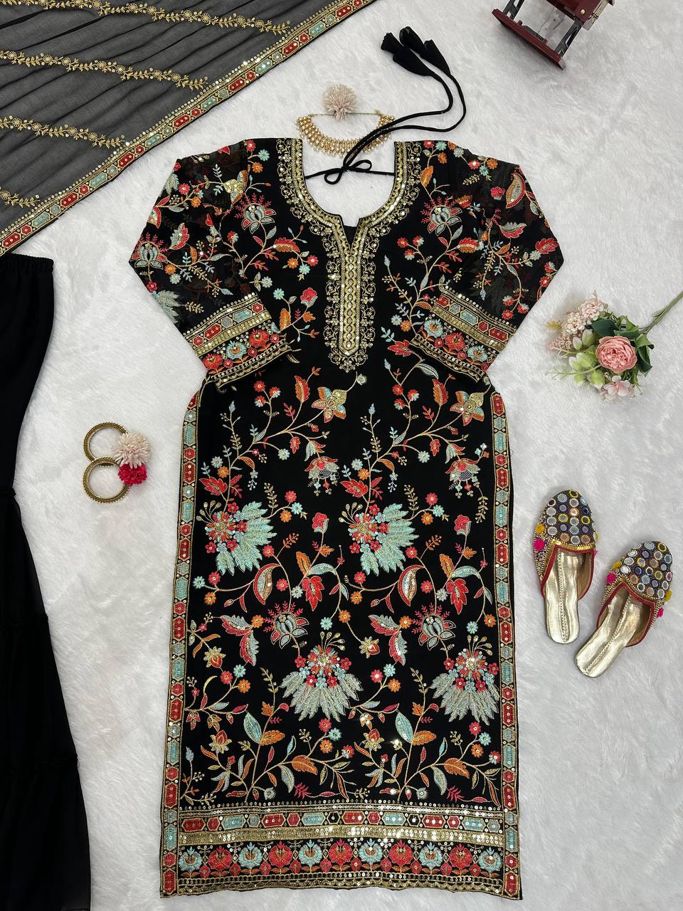 Black Premium Fox Georgette Sharara Set with Dori, Thread & Sequin Work