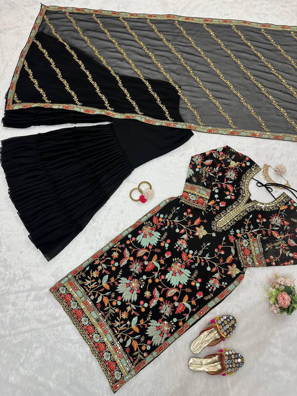 Black Premium Fox Georgette Sharara Set with Dori, Thread & Sequin Work