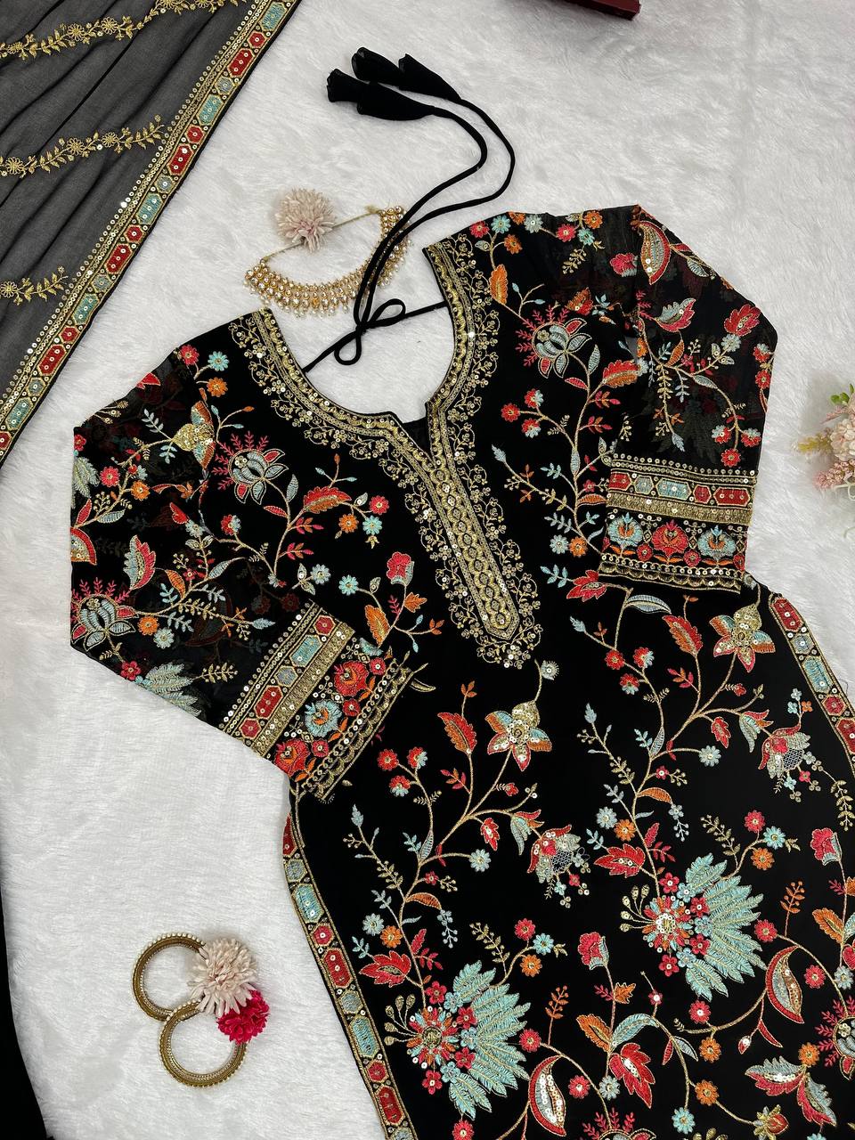 Black Premium Fox Georgette Sharara Set with Dori, Thread & Sequin Work