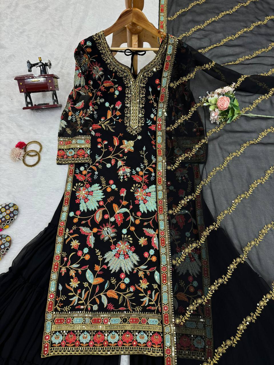 Black Premium Fox Georgette Sharara Set with Dori, Thread & Sequin Work
