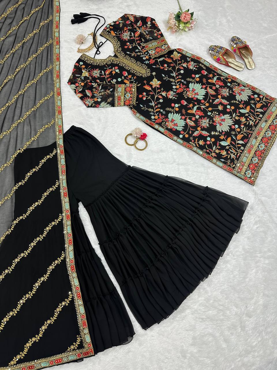 Black Premium Fox Georgette Sharara Set with Dori, Thread & Sequin Work