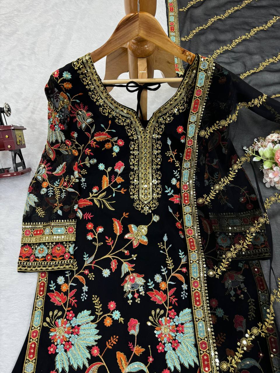 Black Premium Fox Georgette Sharara Set with Dori, Thread & Sequin Work