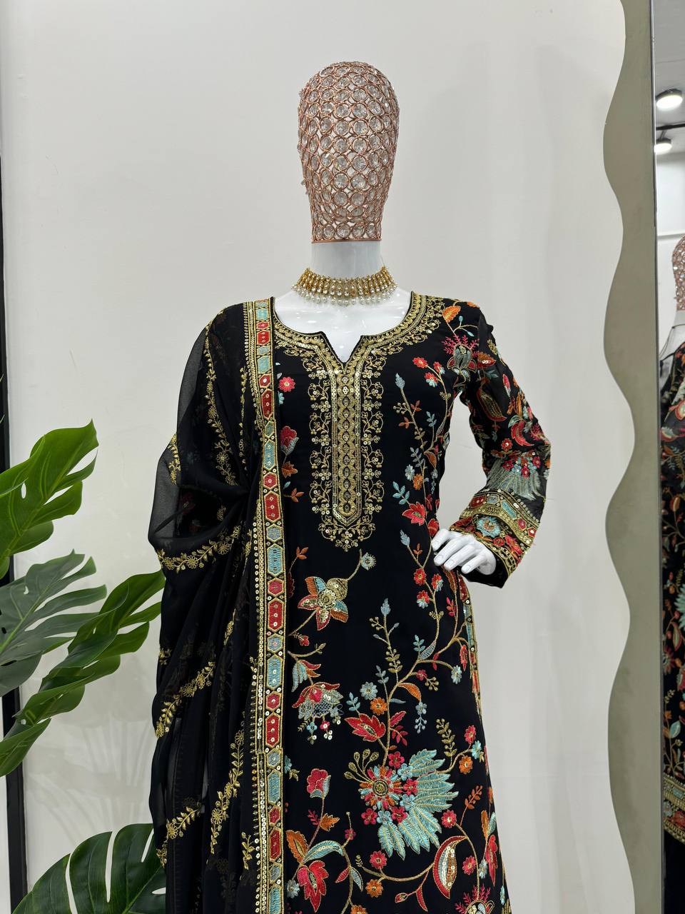 Black Premium Fox Georgette Sharara Set with Dori, Thread & Sequin Work