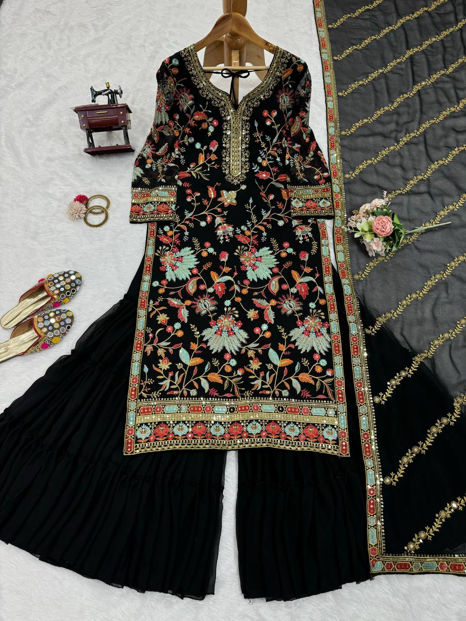 Black Premium Fox Georgette Sharara Set with Dori, Thread & Sequin Work
