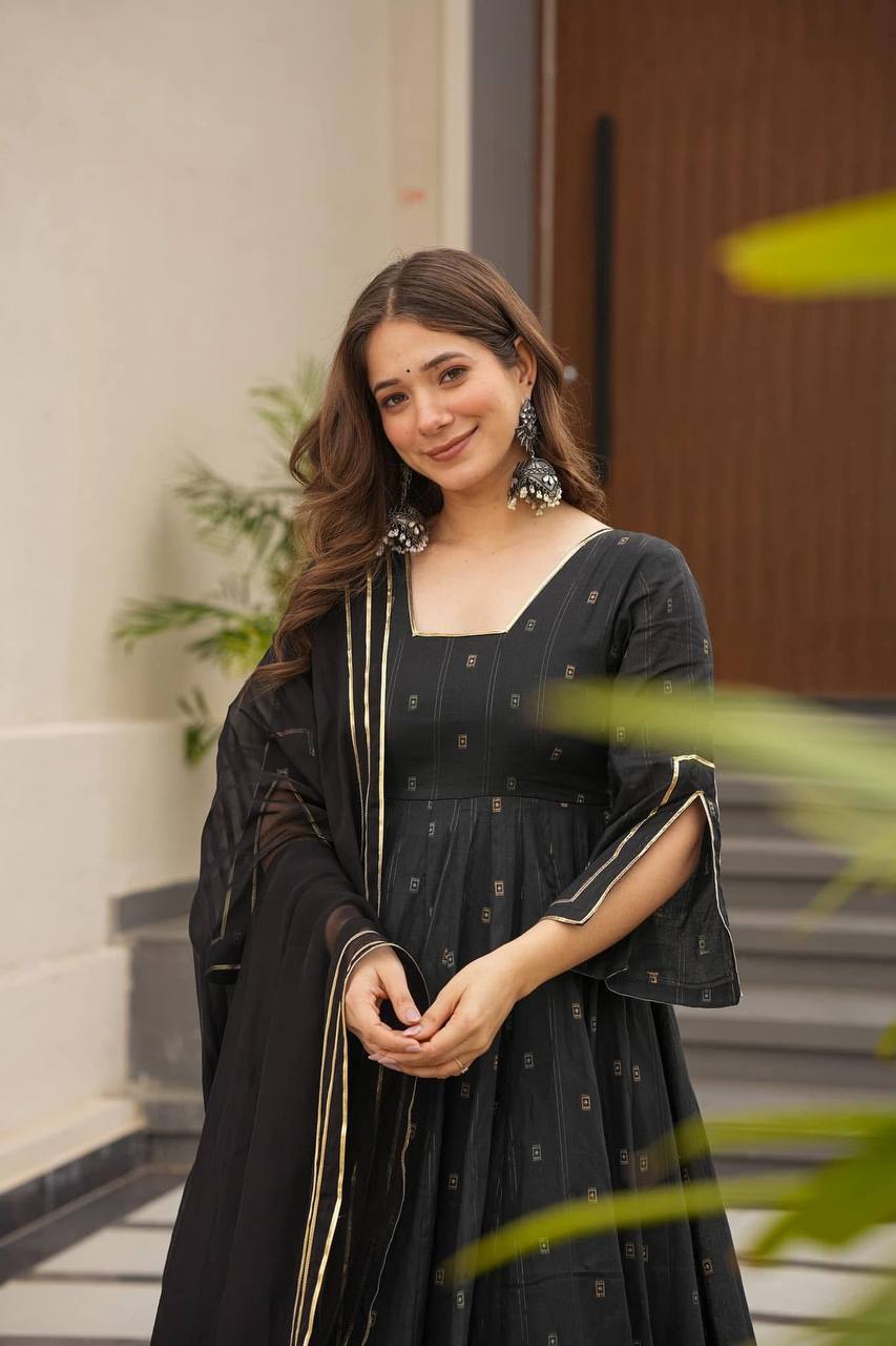 Black Premium Maslin Digital Print Kurta Set with Micro Cotton Pants & Faux Blooming Dupatta