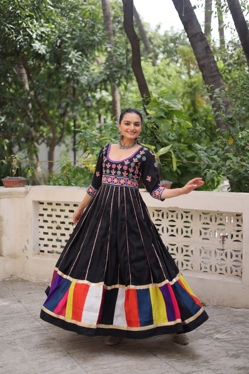 Black Premium Roman Fabric Gown with Multicolour Thread & Gota Lace Embellishments