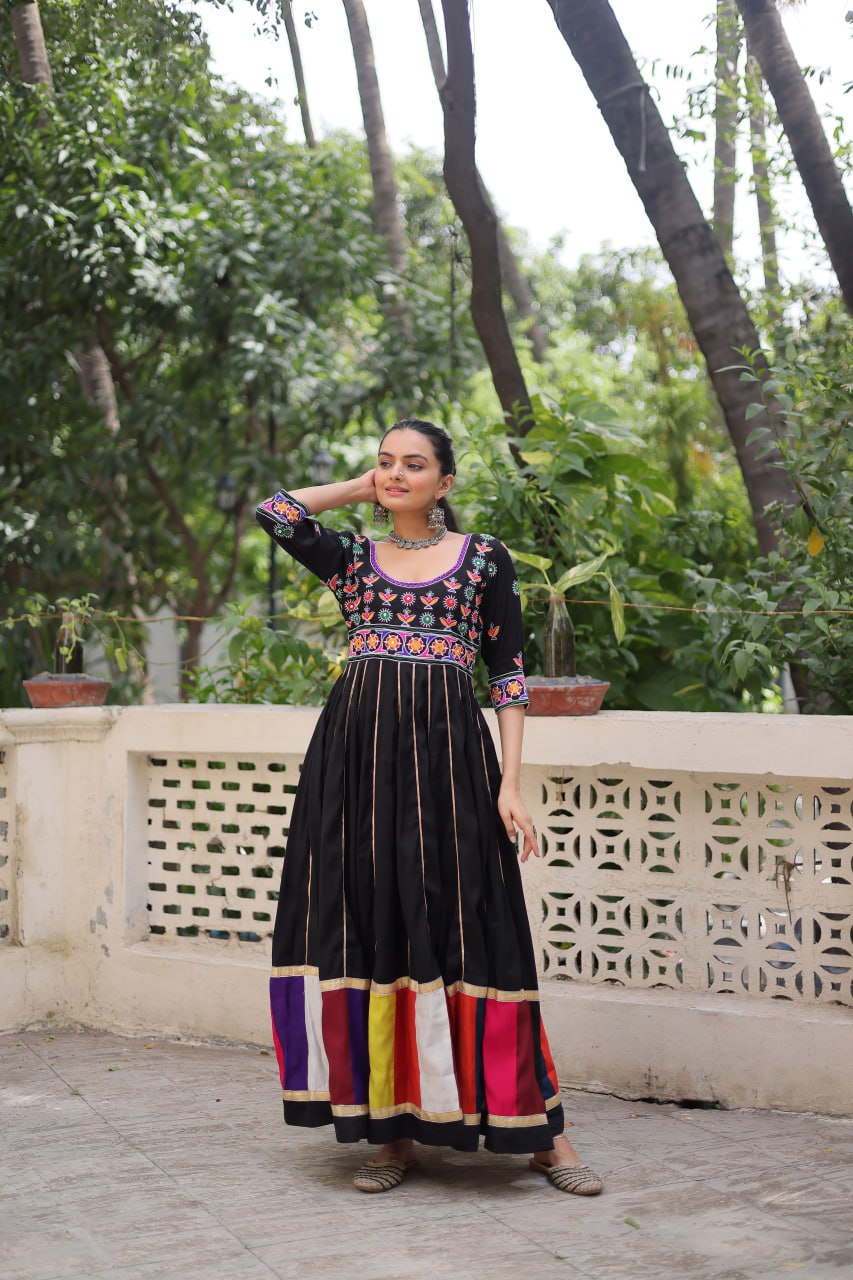 Black Premium Roman Fabric Gown with Multicolour Thread & Gota Lace Embellishments