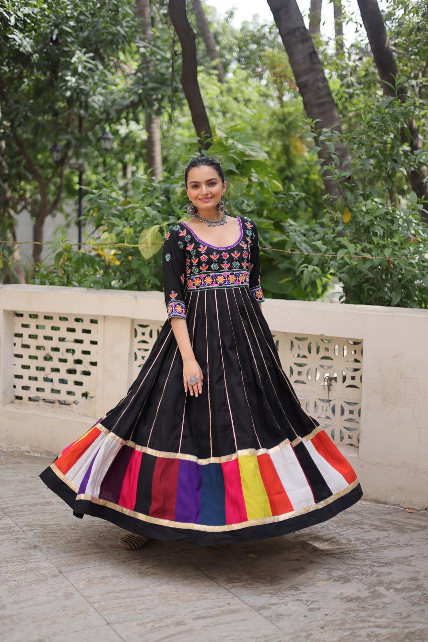 Black Premium Roman Fabric Gown with Multicolour Thread & Gota Lace Embellishments