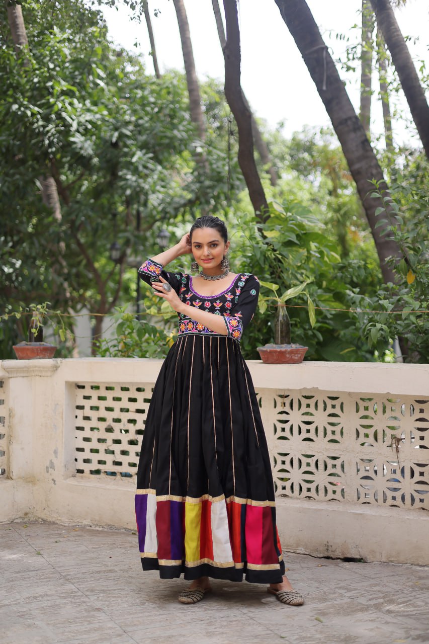 Black Premium Roman Fabric Gown with Multicolour Thread & Gota Lace Embellishments