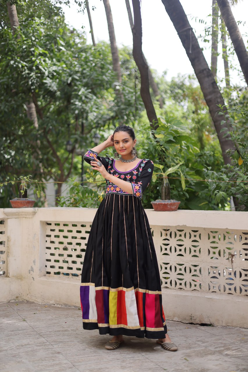 Black Premium Roman Fabric Gown with Multicolour Thread & Gota Lace Embellishments