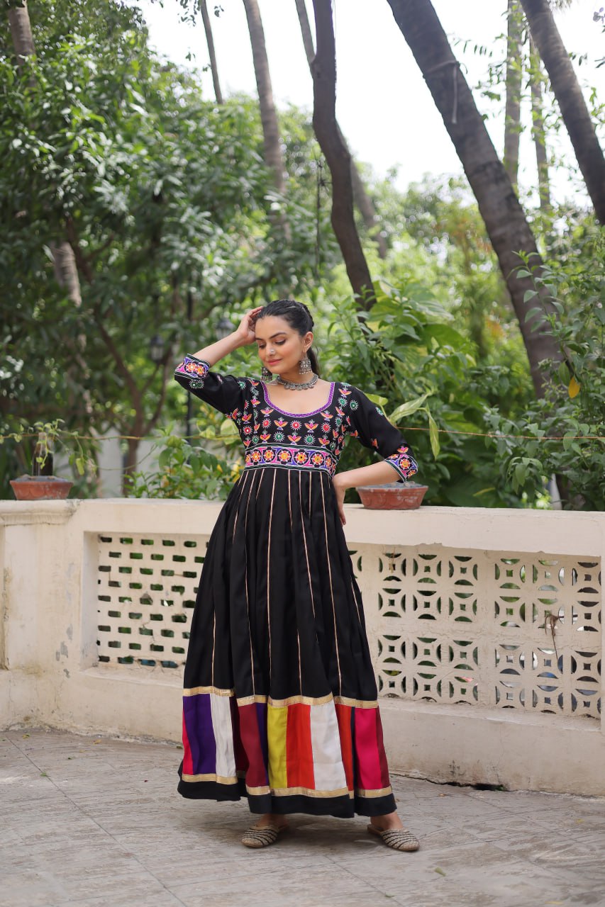 Black Premium Roman Fabric Gown with Multicolour Thread & Gota Lace Embellishments