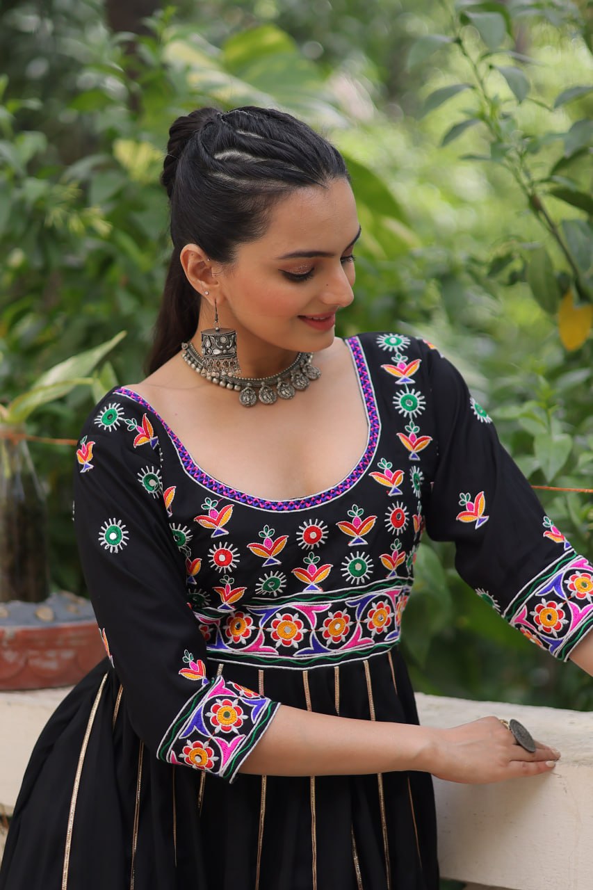 Black Premium Roman Fabric Gown with Multicolour Thread & Gota Lace Embellishments