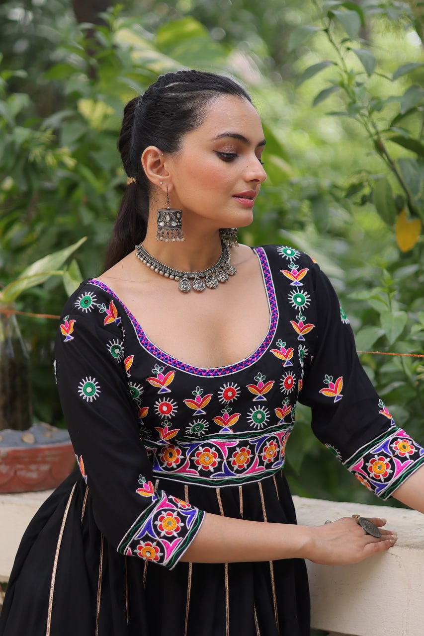 Black Premium Roman Fabric Gown with Multicolour Thread & Gota Lace Embellishments