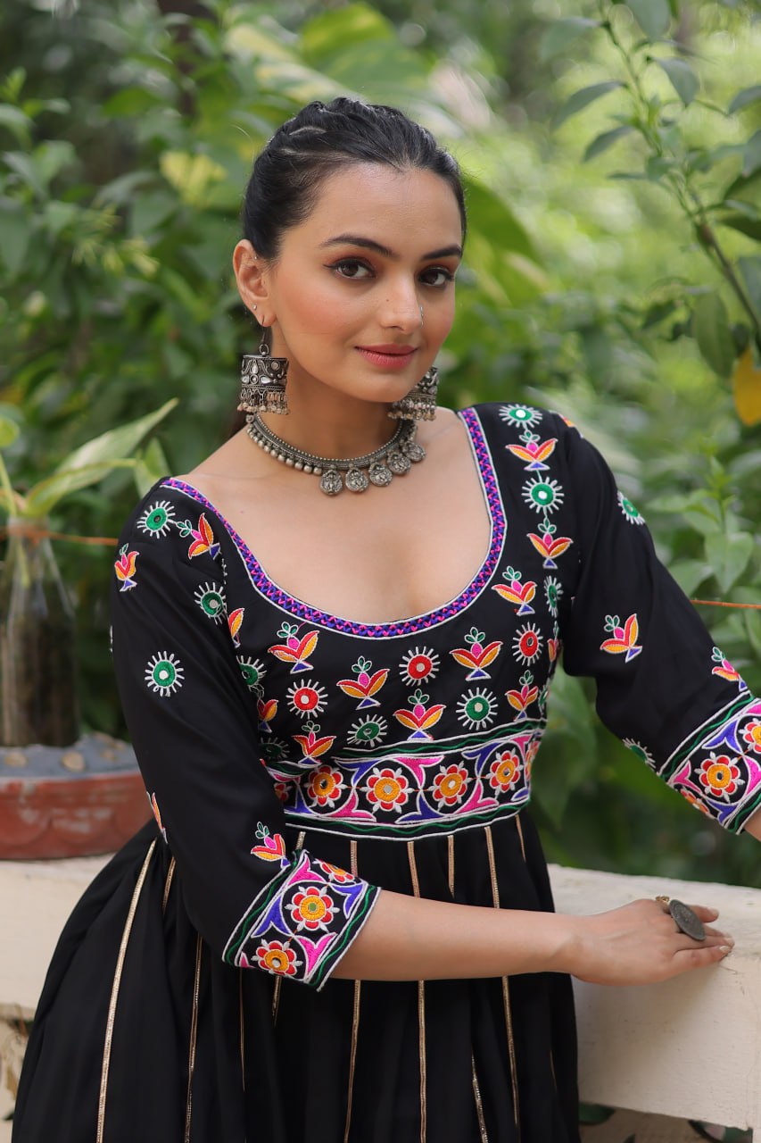 Black Premium Roman Fabric Gown with Multicolour Thread & Gota Lace Embellishments