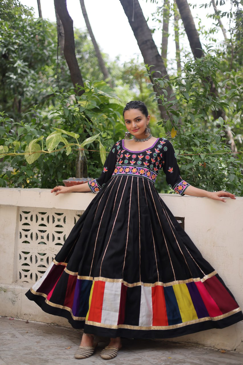Black Premium Roman Fabric Gown with Multicolour Thread & Gota Lace Embellishments