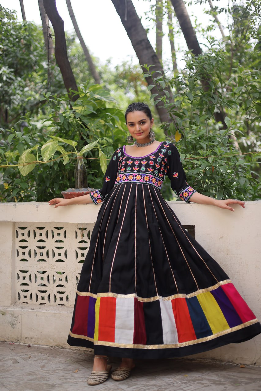 Black Premium Roman Fabric Gown with Multicolour Thread & Gota Lace Embellishments