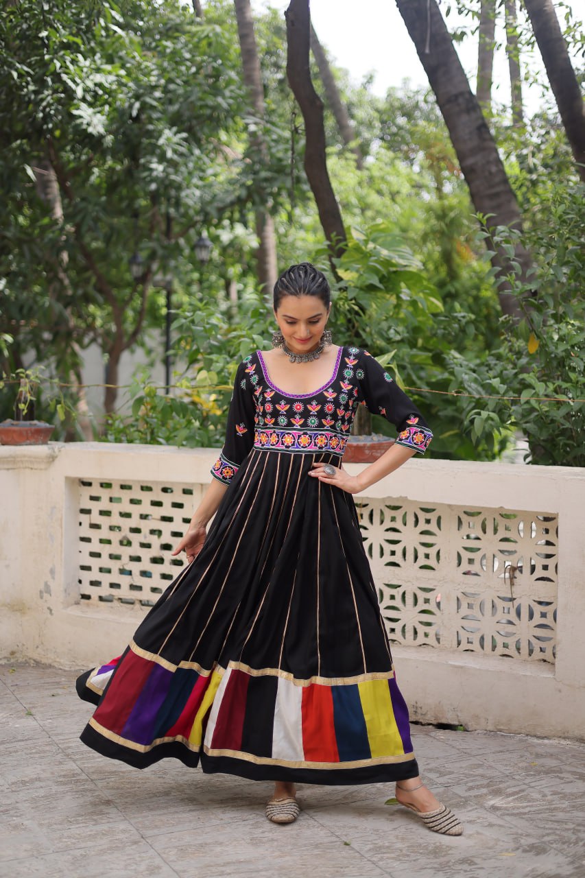 Black Premium Roman Fabric Gown with Multicolour Thread & Gota Lace Embellishments