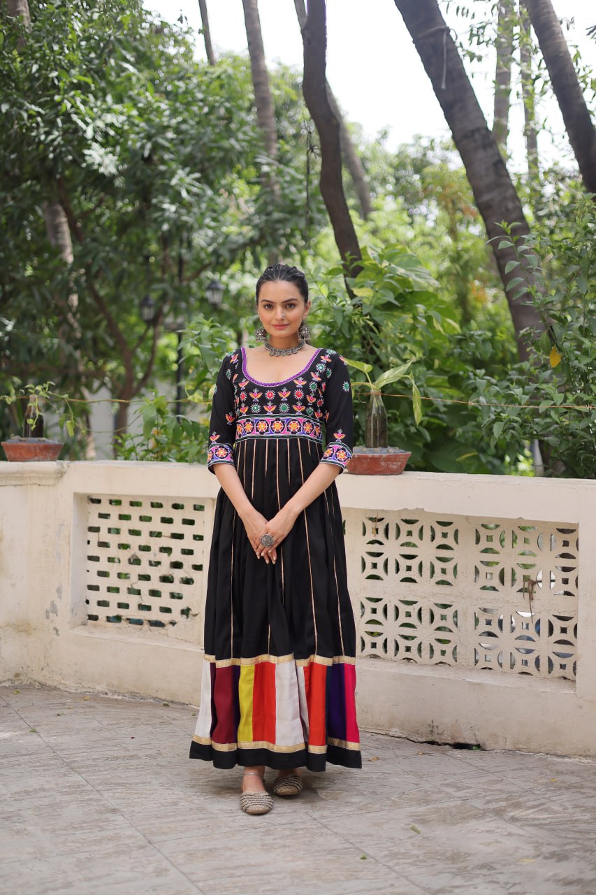 Black Premium Roman Fabric Gown with Multicolour Thread & Gota Lace Embellishments