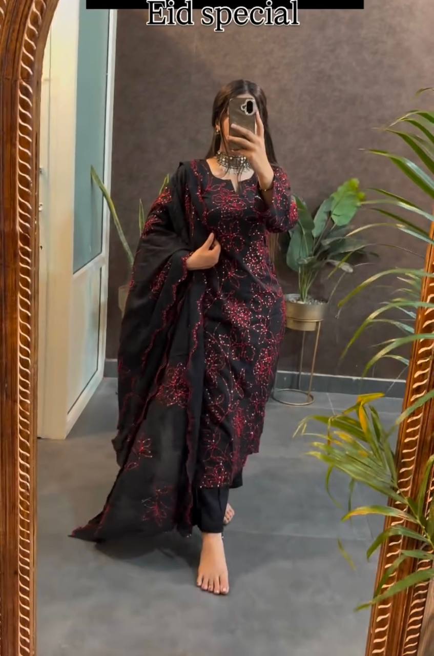 Black Premium Roman Silk Embroidered Suit Set with Cutwork Georgette Dupatta