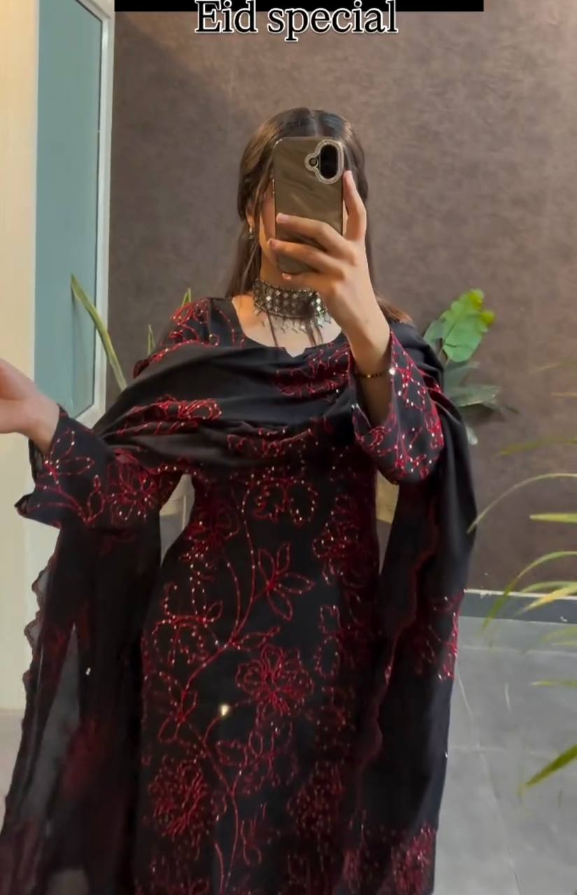 Black Premium Roman Silk Embroidered Suit Set with Cutwork Georgette Dupatta