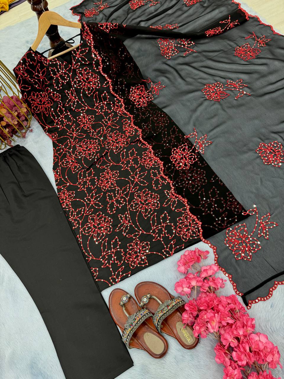 Black Premium Roman Silk Embroidered Suit Set with Cutwork Georgette Dupatta