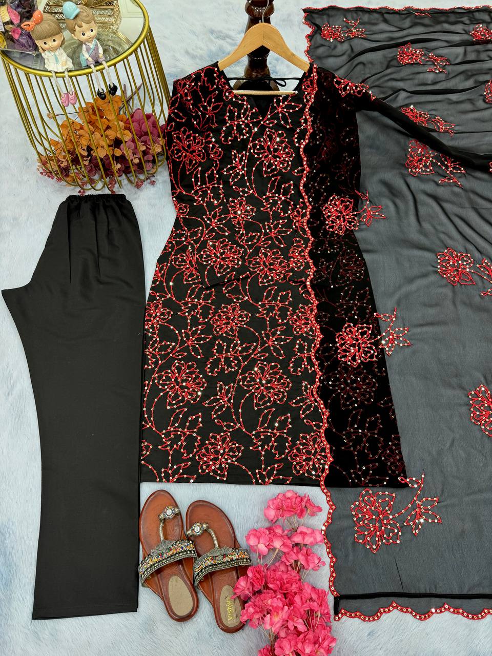 Black Premium Roman Silk Embroidered Suit Set with Cutwork Georgette Dupatta