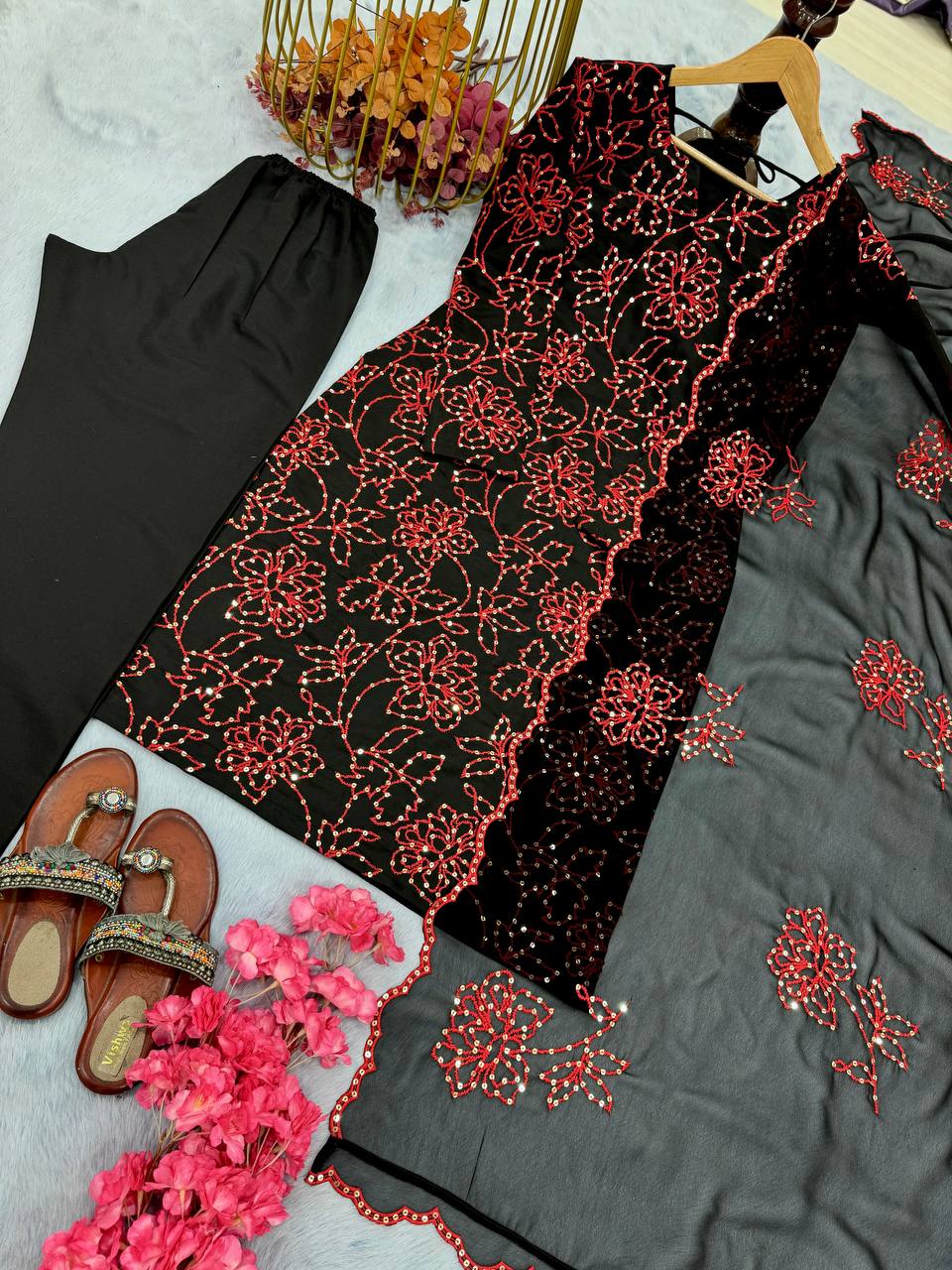 Black Premium Roman Silk Embroidered Suit Set with Cutwork Georgette Dupatta